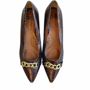 Soft Abbot Brown Leather Wedge with Snakeskin Print & Gold Chain Detail Size 11M